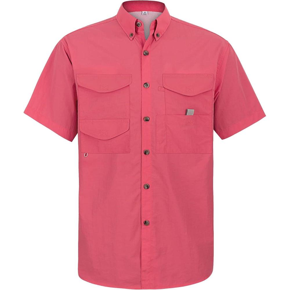 imageAlimens ampamp Gentle Short Sleeve Fishing Shirt Wicking Fabric Sun Protection Casual Button Down ShirtsSalmon