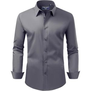 imageAlimens ampamp Gentle Mens Dress Shirt Regular Fit Stretch Stain Shield Long Sleeve Solid Business Wedding Button Down ShirtsDark Grey