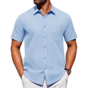imageAlimens ampamp Gentle Mens Short Sleeve Dress Shirt Wrinkle Free Solid Casual Button Down Shirts for Summer Business WeddingLight Blue