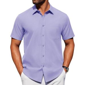 imageAlimens ampamp Gentle Mens Short Sleeve Dress Shirt Wrinkle Free Solid Casual Button Down Shirts for Summer Business WeddingLight Purple