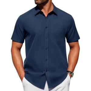 imageAlimens ampamp Gentle Mens Short Sleeve Dress Shirt Wrinkle Free Solid Casual Button Down Shirts for Summer Business WeddingNavy Blue