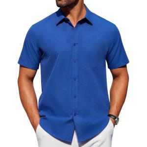 imageAlimens ampamp Gentle Mens Short Sleeve Dress Shirt Wrinkle Free Solid Casual Button Down Shirts for Summer Business WeddingRoyal Blue