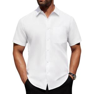 imageAlimens ampamp Gentle Mens Short Sleeve Dress Shirt Wrinkle Free Solid Casual Button Down Shirts for Summer Business WeddingWhite