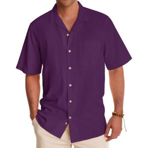 imageAlimens ampamp Gentle Mens Linen Shirts Short Sleeve Button Down Shirts Cotton Summer Beach Cuban Shirts Vacation Hawaiian ShirtsImperial Purple