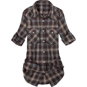 imageAlimens ampamp Gentle Womens Plaid Flannel Shirts Long Sleeve Roll Up Casual Button Down ShirtCoffee
