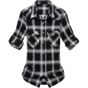 imageAlimens ampamp Gentle Womens Plaid Flannel Shirts Long Sleeve Roll Up Casual Button Down ShirtDark Black  White