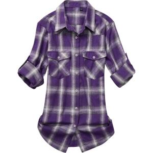 imageAlimens ampamp Gentle Womens Plaid Flannel Shirts Long Sleeve Roll Up Casual Button Down ShirtPurple Grey