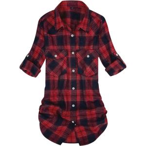 imageAlimens ampamp Gentle Womens Plaid Flannel Shirts Long Sleeve Roll Up Casual Button Down ShirtRed Navy Blue
