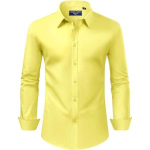 imageAlimens ampamp Gentle Mens Dress Shirt Regular Fit Stretch Stain Shield Long Sleeve Solid Business Wedding Button Down ShirtsYellow