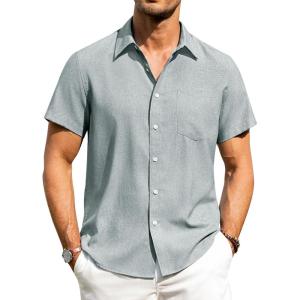 imageAlimens ampamp Gentle Mens Linen Shirts Short Sleeve Button Down Shirts Wrinkle Free Casual Vacation Beach Summer TopsAqua Blue