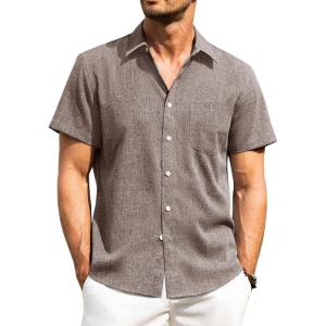 imageAlimens ampamp Gentle Mens Linen Shirts Short Sleeve Button Down Shirts Wrinkle Free Casual Vacation Beach Summer TopsBrown