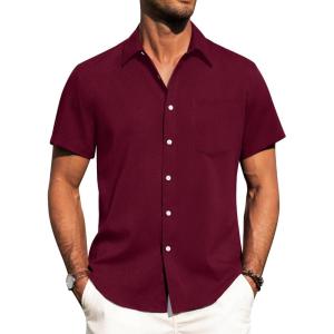 imageAlimens ampamp Gentle Mens Linen Shirts Short Sleeve Button Down Shirts Wrinkle Free Casual Vacation Beach Summer TopsBurgundy