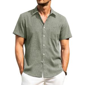 imageAlimens ampamp Gentle Mens Linen Shirts Short Sleeve Button Down Shirts Wrinkle Free Casual Vacation Beach Summer TopsGreen