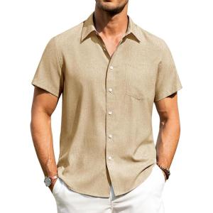 imageAlimens ampamp Gentle Mens Linen Shirts Short Sleeve Button Down Shirts Wrinkle Free Casual Vacation Beach Summer TopsKhaki