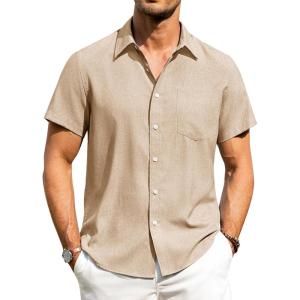 imageAlimens ampamp Gentle Mens Linen Shirts Short Sleeve Button Down Shirts Wrinkle Free Casual Vacation Beach Summer TopsLight Khaki