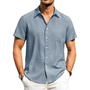 imageAlimens ampamp Gentle Mens Linen Shirts Short Sleeve Button Down Shirts Wrinkle Free Casual Vacation Beach Summer TopsPeacock Blue