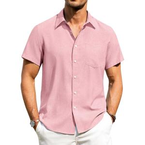 imageAlimens ampamp Gentle Mens Linen Shirts Short Sleeve Button Down Shirts Wrinkle Free Casual Vacation Beach Summer TopsPink