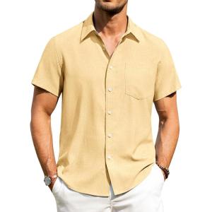 imageAlimens ampamp Gentle Mens Linen Shirts Short Sleeve Button Down Shirts Wrinkle Free Casual Vacation Beach Summer TopsYellow