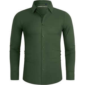 image:imageAlimens amp Gentle Stretch Mens Dress Shirts Slim Fit Long Sleeve Casual Skinny Muscle Fit Wrinkle Free Button Down ShirtOlive