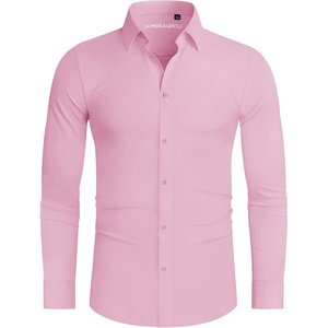 image:imageAlimens amp Gentle Stretch Mens Dress Shirts Slim Fit Long Sleeve Casual Skinny Muscle Fit Wrinkle Free Button Down ShirtPink