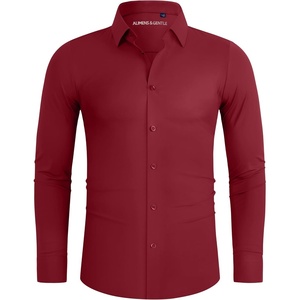 image:imageAlimens amp Gentle Stretch Mens Dress Shirts Slim Fit Long Sleeve Casual Skinny Muscle Fit Wrinkle Free Button Down ShirtRuby Red