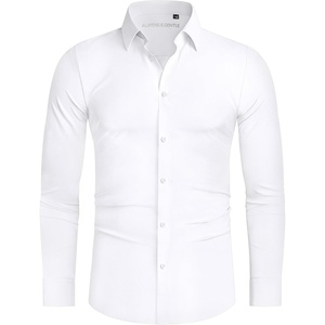 image:imageAlimens amp Gentle Stretch Mens Dress Shirts Slim Fit Long Sleeve Casual Skinny Muscle Fit Wrinkle Free Button Down ShirtWhite
