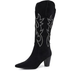 imageVenusCelia Womens Knee High Stretchy Fashion BootsBlack Suede Embroidery