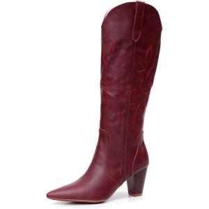 imageVenusCelia Womens Knee High Stretchy Fashion BootsBurgundy Pu Embroidery