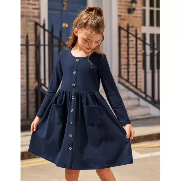 Arshiner Girl's Dresses Button Down Midi Long Sleeve Casual Sundress A-line Dress with Pockets