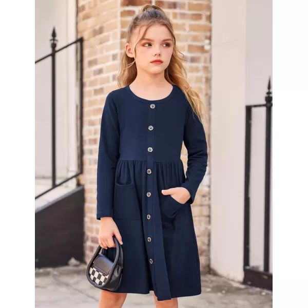 Arshiner Girl's Dresses Button Down Midi Long Sleeve Casual Sundress A-line Dress with Pockets