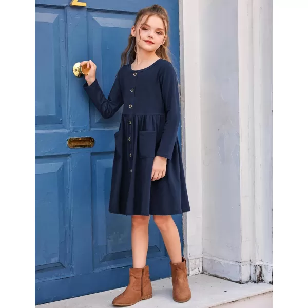 Arshiner Girl's Dresses Button Down Midi Long Sleeve Casual Sundress A-line Dress with Pockets