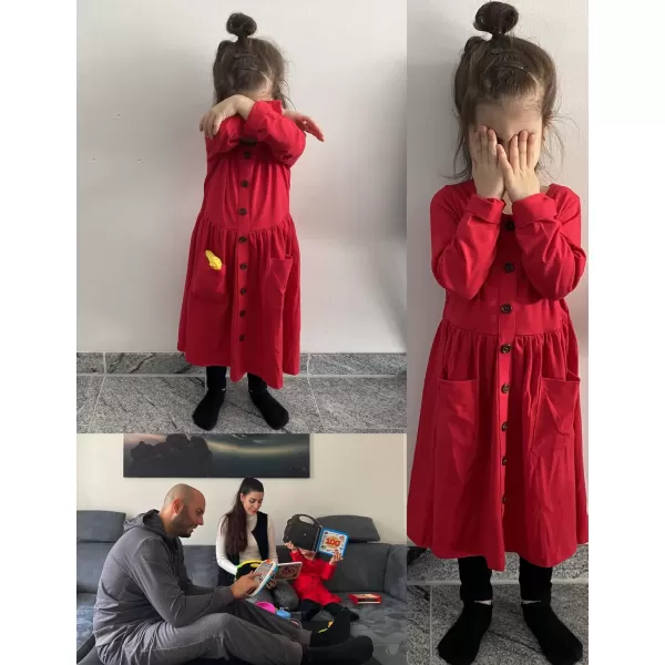 Arshiner Girl's Dresses Button Down Midi Long Sleeve Casual Sundress A-line Dress with Pockets