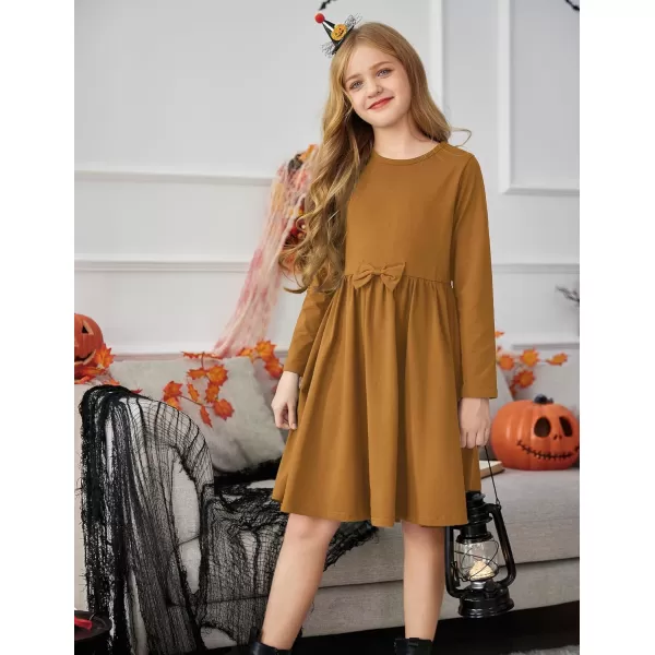Arshiner Girls Long Sleeve Dress A line Twirly Skater Casual Bow Tie Dress