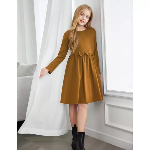 Arshiner Girls Long Sleeve Dress A line Twirly Skater Casual Bow Tie Dress