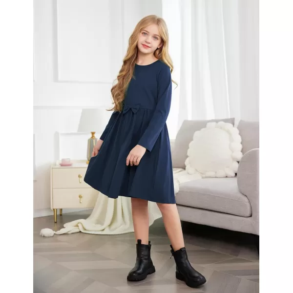 Arshiner Girls Long Sleeve Dress A line Twirly Skater Casual Bow Tie Dress