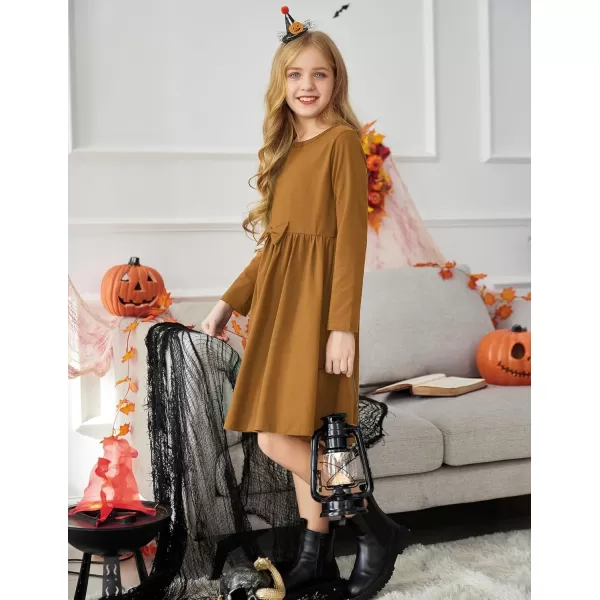 Arshiner Girls Long Sleeve Dress A line Twirly Skater Casual Bow Tie Dress