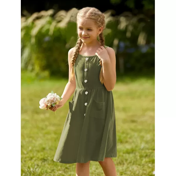 Arshiner Girl's Spaghetti Strap Button Down Midi Sleeveless Summer Casual Sundress A-line Dress with Pockets