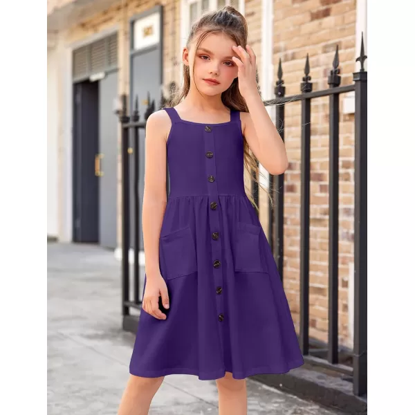 Arshiner Girl's Spaghetti Strap Button Down Midi Sleeveless Summer Casual Sundress A-line Dress with Pockets