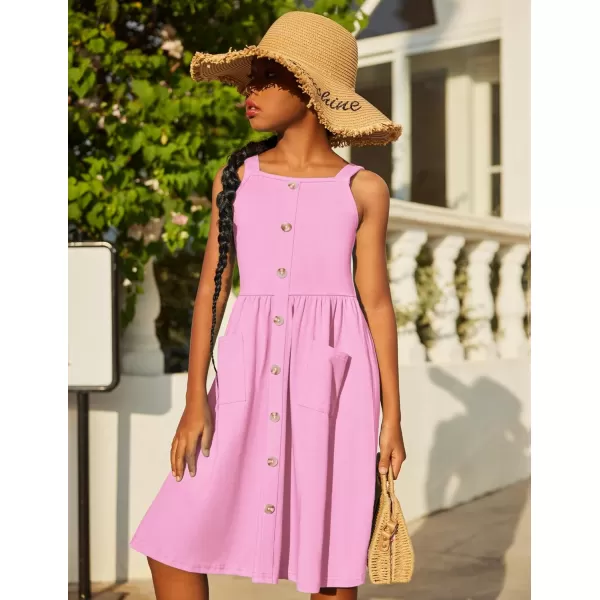 Arshiner Girl's Spaghetti Strap Button Down Midi Sleeveless Summer Casual Sundress A-line Dress with Pockets