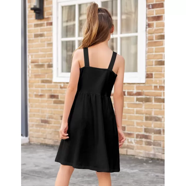 Arshiner Girl's Spaghetti Strap Button Down Midi Sleeveless Summer Casual Sundress A-line Dress with Pockets