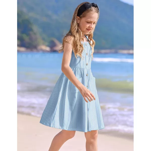 Arshiner Girl's Spaghetti Strap Button Down Midi Sleeveless Summer Casual Sundress A-line Dress with Pockets