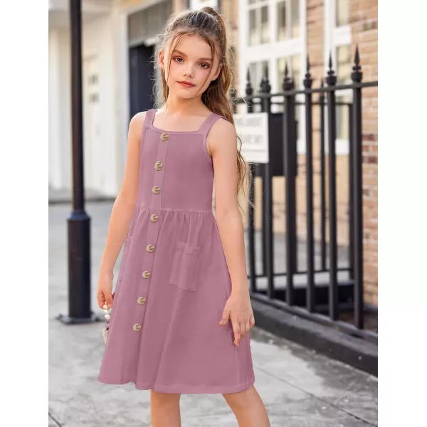 Arshiner Girl's Spaghetti Strap Button Down Midi Sleeveless Summer Casual Sundress A-line Dress with Pockets