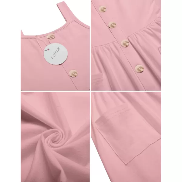 Arshiner Girl's Spaghetti Strap Button Down Midi Sleeveless Summer Casual Sundress A-line Dress with Pockets