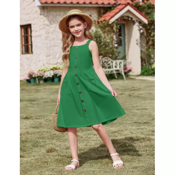 Arshiner Girl's Spaghetti Strap Button Down Midi Sleeveless Summer Casual Sundress A-line Dress with Pockets