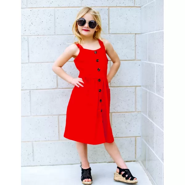 Arshiner Girl's Spaghetti Strap Button Down Midi Sleeveless Summer Casual Sundress A-line Dress with Pockets