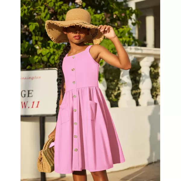 Arshiner Girl's Spaghetti Strap Button Down Midi Sleeveless Summer Casual Sundress A-line Dress with Pockets