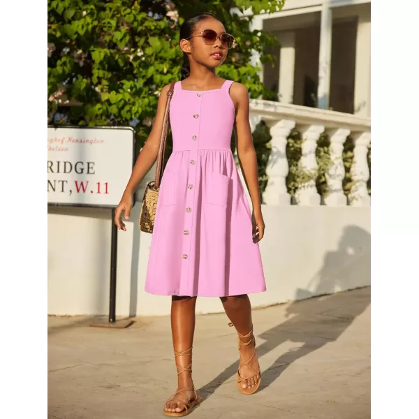 Arshiner Girl's Spaghetti Strap Button Down Midi Sleeveless Summer Casual Sundress A-line Dress with Pockets