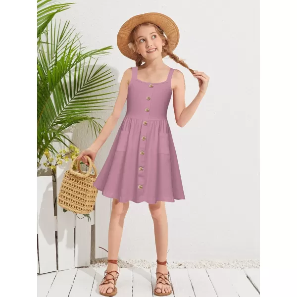Arshiner Girl's Spaghetti Strap Button Down Midi Sleeveless Summer Casual Sundress A-line Dress with Pockets