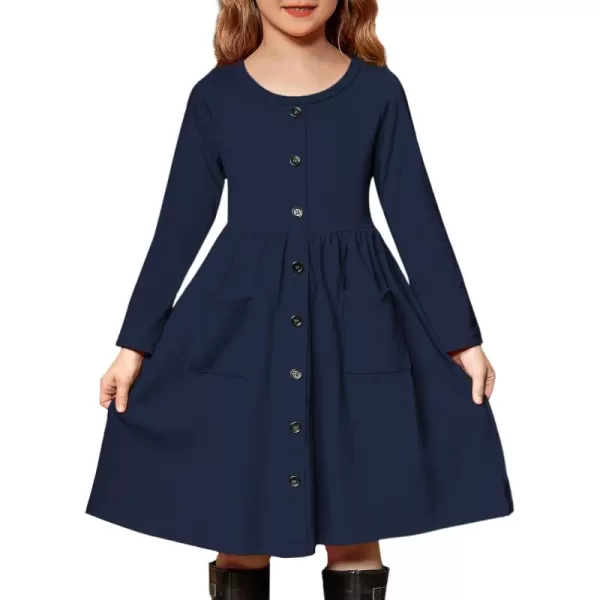 Arshiner Girl's Dresses Button Down Midi Long Sleeve Casual Sundress A-line Dress with Pockets
