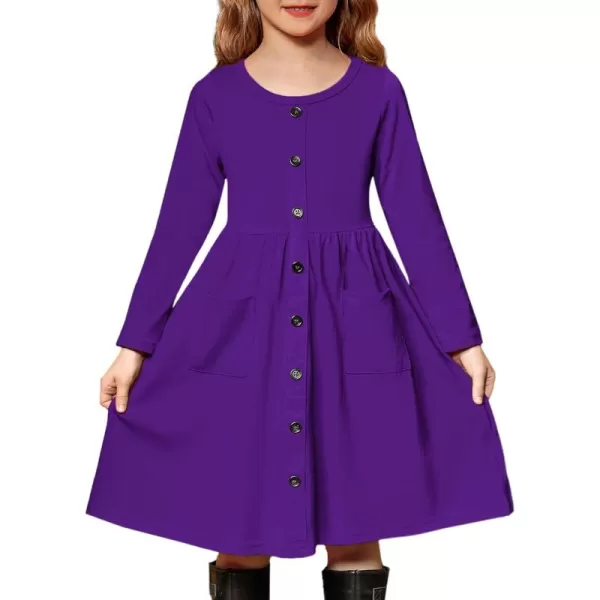 Arshiner Girl's Dresses Button Down Midi Long Sleeve Casual Sundress A-line Dress with Pockets